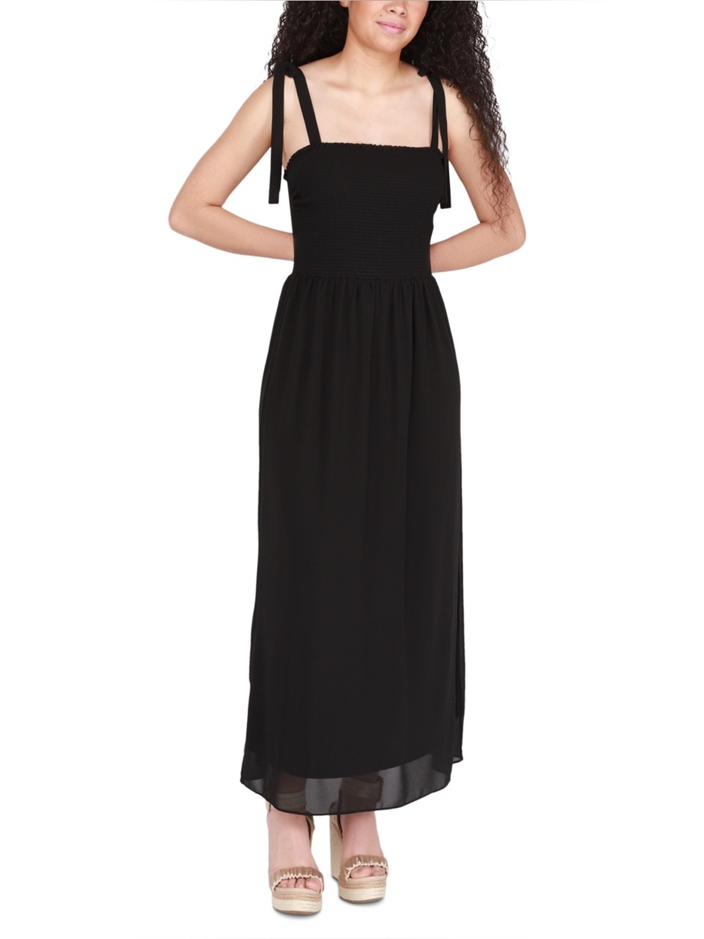 Smocked Chiffon Maxi Dress Tie Shoulder Strap Square Neck Black XXL